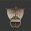 Cartoon Style Pirate Ship with Skull Design Sails Colorful Flags Green Plants and Decorative Bow