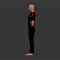 Bald Man In Black Jacket With Orange Stripes Black Pants Barefoot Arms Outstretched Dark Background