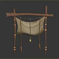 Rustic Landscape Featuring Traditional Wooden Frame With Hanging Beige Fabric And Small Lantern