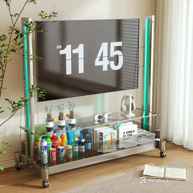 Glass TV Stand with Wheels Holding TV Drinks and Snacks Near Green Plants 3d model 
