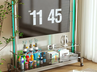 Glass TV Stand with Wheels Holding TV Drinks and Snacks Near Green Plants 3d model