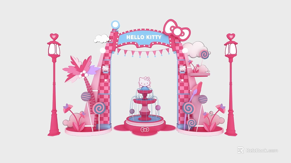 Hello Kitty Themed Pink Photo Spot With Archway Fountain Lollipops Palm Trees And Clouds 3d model 