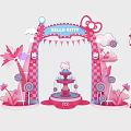 Hello Kitty Themed Pink Photo Spot With Archway Fountain Lollipops Palm Trees And Clouds