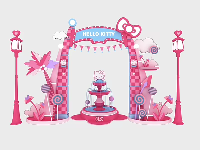 Hello Kitty Themed Pink Photo Spot With Archway Fountain Lollipops Palm Trees And Clouds 3d model