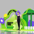 Vibrant Green Floral Installation for Party Time with Purple Yellow Flowers and Grass like Decor