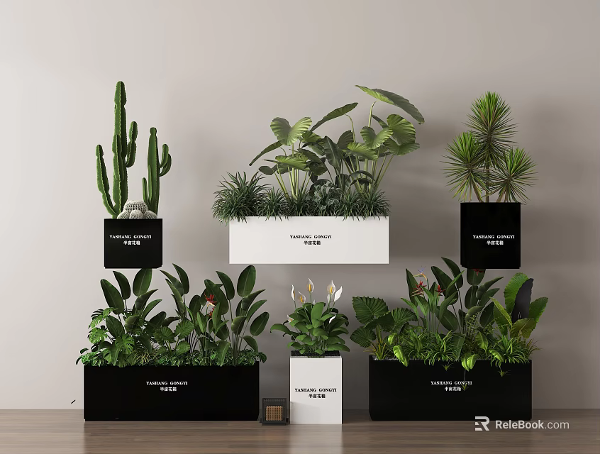 Indoor Green Plants With Various Flowers In Black White Pots Wall Mounted And Floor Placed 3d model 