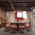 Private Dining Room With Round Table Red Chairs And Chinese Decor 3d model
