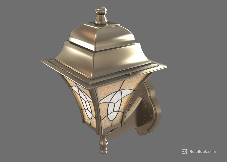 Vintage Brass Wall Lamp With Stained Glass Shade And Decorative Top Finial 3d model 