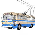 Vintage Blue And White Trolleybus With Overhead Wires On Black Background