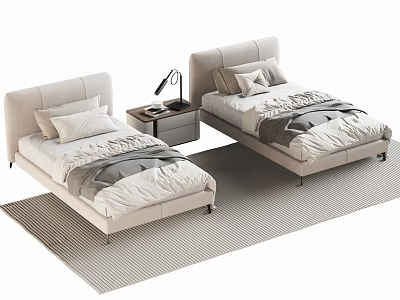 Modern Single Bed Bedroom With Two Beds Nightstand Table Lamp And Linen On Striped Rug 3d model