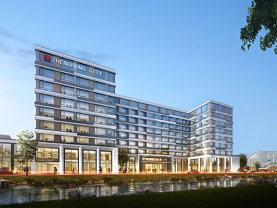 Modern Office Building With Glass Facade By Waterfront 3d model