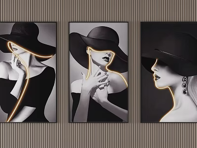 Three Panel Black And White Portrait Art With Wide Brimmed Hat And Neon Outline 3d model