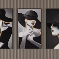 Three Panel Black And White Portrait Art With Wide Brimmed Hat And Neon Outline