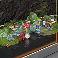 Miniature Landscape Scene With Golden Frame Dark Rock Background Mushrooms Small House And Water Reflection