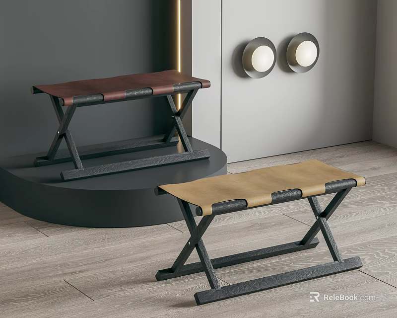 Modern Folding Stools With Leather Seats And Metal Frames In Brown And Beige 3d model 