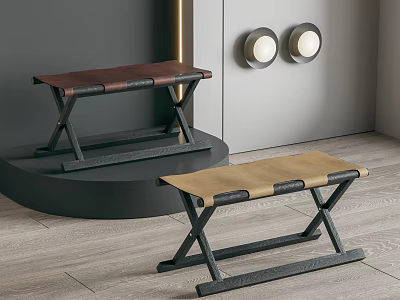 Modern Folding Stools With Leather Seats And Metal Frames In Brown And Beige 3d model