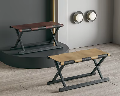 Modern Folding Stools With Leather Seats And Metal Frames In Brown And Beige 3d model
