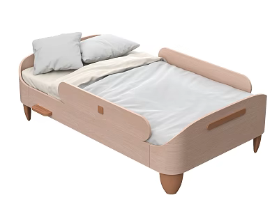 Modern Wooden Kids Bed With Rounded Edges Comfortable Mattress And Pillows 3d model