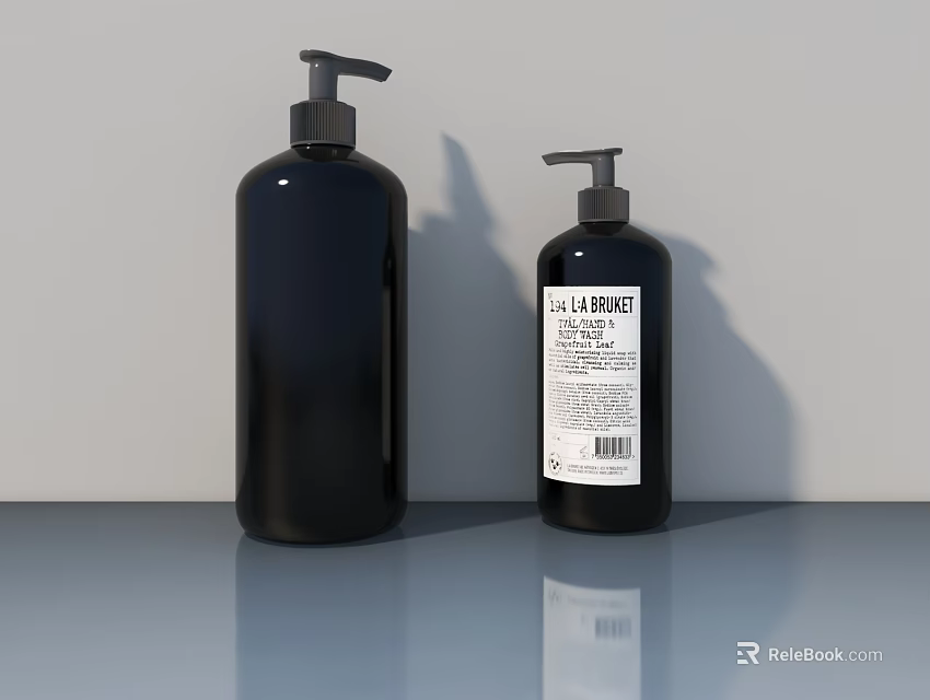 Black Luxury Bath Hand Soap Bottles In Different Sizes On Countertop 3d model 
