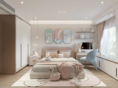 Modern Kids Bedroom Interior With Wall Art Swan Plush And Rug 3d model
