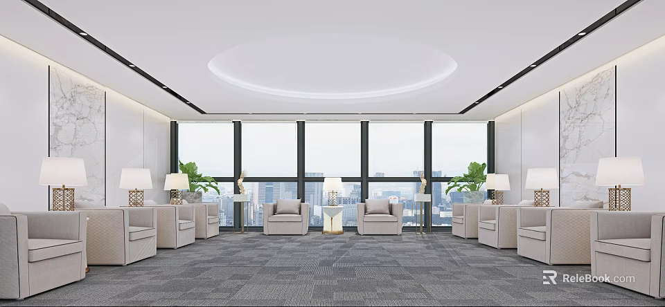 Modern Hotel Public Lounge With Comfortable Sofas Large Windows City View And Green Plants 3d model 