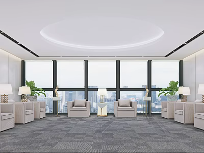 Modern Hotel Public Lounge With Comfortable Sofas Large Windows City View And Green Plants 3d model