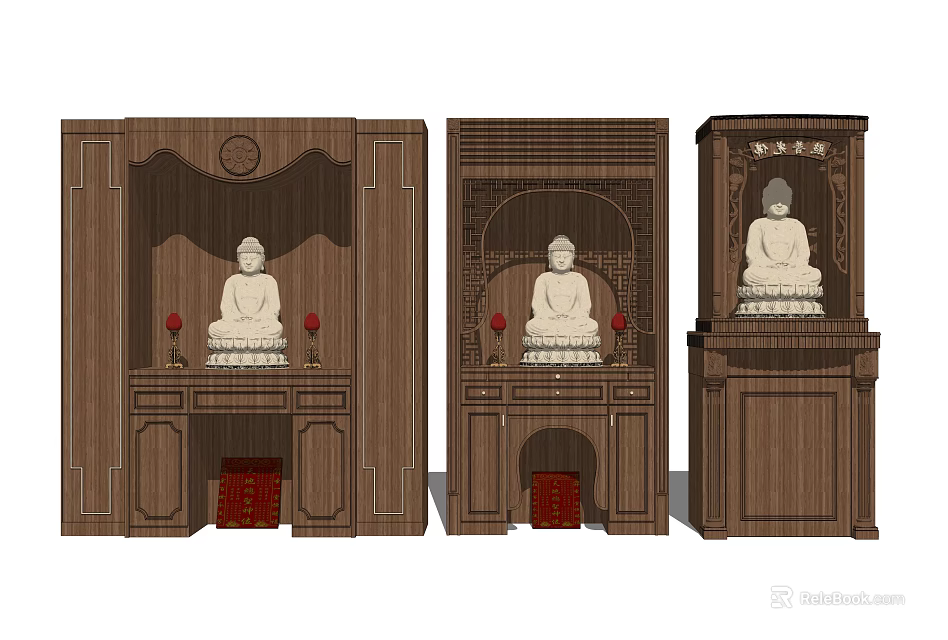 Traditional Wooden Buddhist Shrine Cabinets In Three Styles With Carved Details And Buddha Statues 3d model 