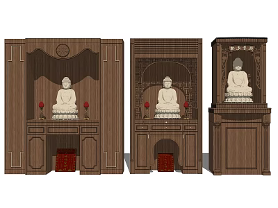 Traditional Wooden Buddhist Shrine Cabinets In Three Styles With Carved Details And Buddha Statues 3d model
