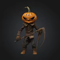 Pumpkin Head Scarecrow With Tattered Clothes Holding Scythe For Halloween