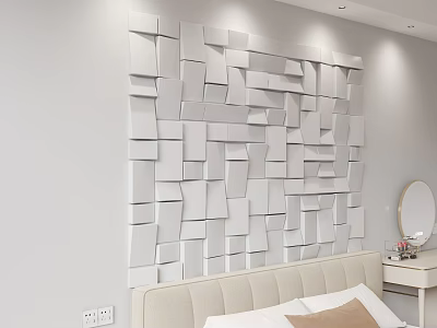 White 3D Geometric Block Wall Design in Modern Bedroom with Bedhead 3d model