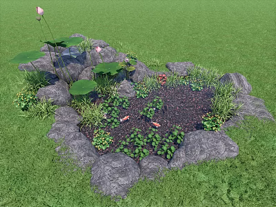 Garden Ornament with Stone Enclosure Pink Lotus Flowers Leaves and Red Fish in Green Grass 3d model