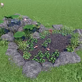 Garden Ornament with Stone Enclosure Pink Lotus Flowers Leaves and Red Fish in Green Grass