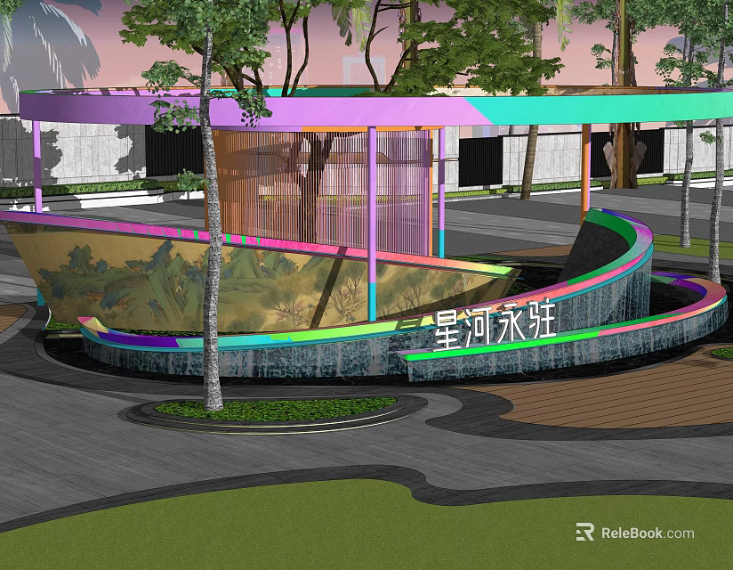 Colorful Scenic Wall Design With Starry River Theme And Trees Lawn Open Space 3d model 