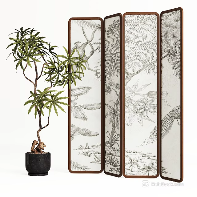 Bonsai Plant in Black Pot with Decorative Screen Featuring Botanical Patterns 3d model