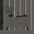 White Entryway Console Table with Vase Green Leaves Book Toy Car Black Legs Grey Wall