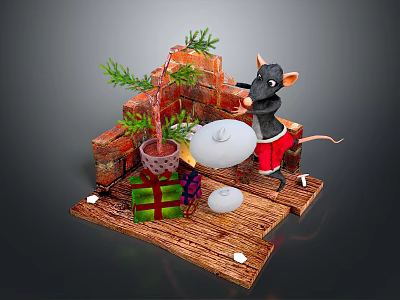 Festive Small Scene With Rat Figure Brick Wall Christmas Tree And Gifts 3d model
