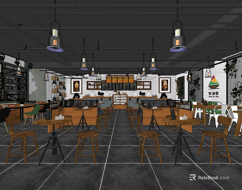 Cozy Restaurant Interior With Wooden Tables Chairs And Hanging Pendant Lights 3d model 