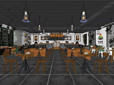Cozy Restaurant Interior With Wooden Tables Chairs And Hanging Pendant Lights 3d model