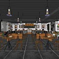 Cozy Restaurant Interior With Wooden Tables Chairs And Hanging Pendant Lights