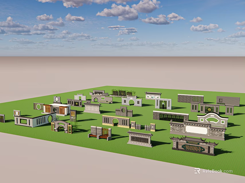 Various Garden Wall Models With Different Designs On Green Grass Under Blue Sky 3d model