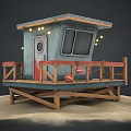 Cartoon Beach Hut On Sandy Ground With Blue Roof Red Door Wooden Balcony And Surfboard