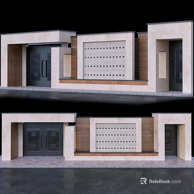 Modern Building Facade Entrance Design With Dark Doors Perforated Wall And Wooden Accents 3d model 