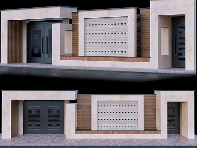 Modern Building Facade Entrance Design With Dark Doors Perforated Wall And Wooden Accents 3d model