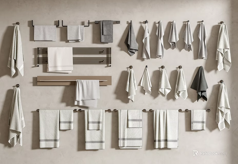 Various Soft Towels in Different Styles Hanging on Metal and Wooden Racks 3d model 