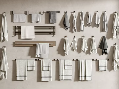 Various Soft Towels in Different Styles Hanging on Metal and Wooden Racks 3d model