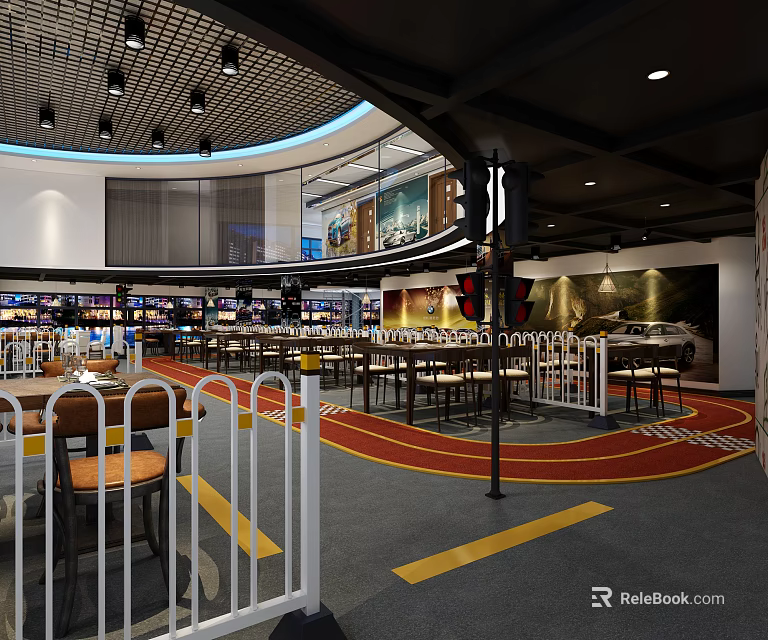 Modern Restaurant Interior With Tables Chairs Decorative Paintings And Ceiling Lights 3d model 