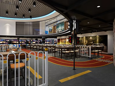 Modern Restaurant Interior With Tables Chairs Decorative Paintings And Ceiling Lights 3d model