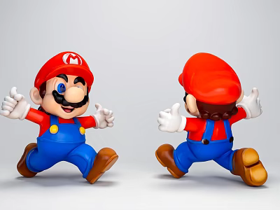 Mario Game Character Figurines Front Back Views Red Hat Blue Overalls White Gloves Running Pose 3d model
