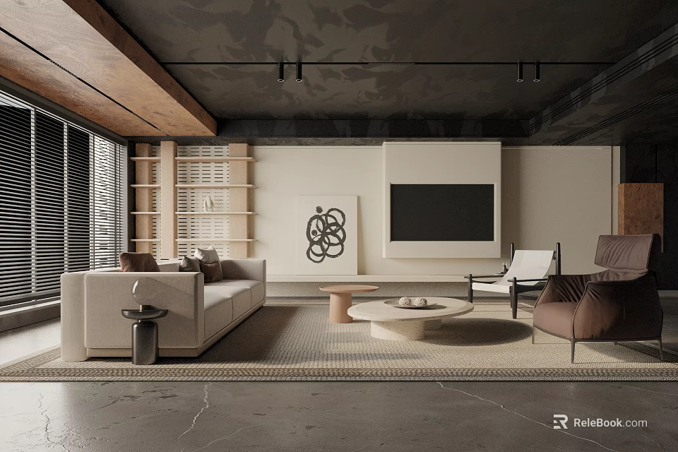 Modern Living Room Interior With Sofa Coffee Table TV Decorative Painting And Wooden Bookshelf 3d model 