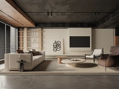 Modern Living Room Interior With Sofa Coffee Table TV Decorative Painting And Wooden Bookshelf 3d model